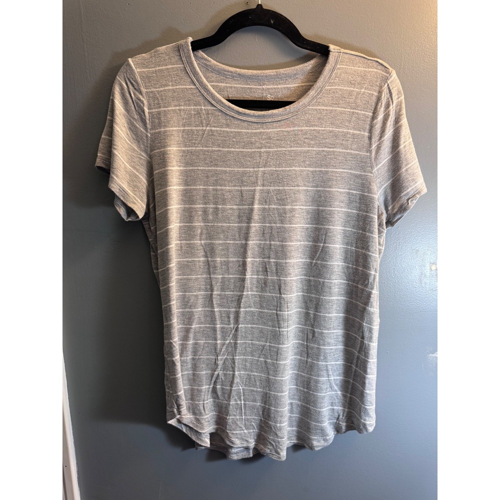 SO Favorite Crew Striped T-Shirt Grey White Short Sleeve Rayon Spandex Medium